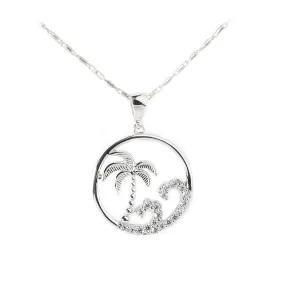 14K White Gold Island with CZ Wave in Circle Pendant (Chain Sold Separately)