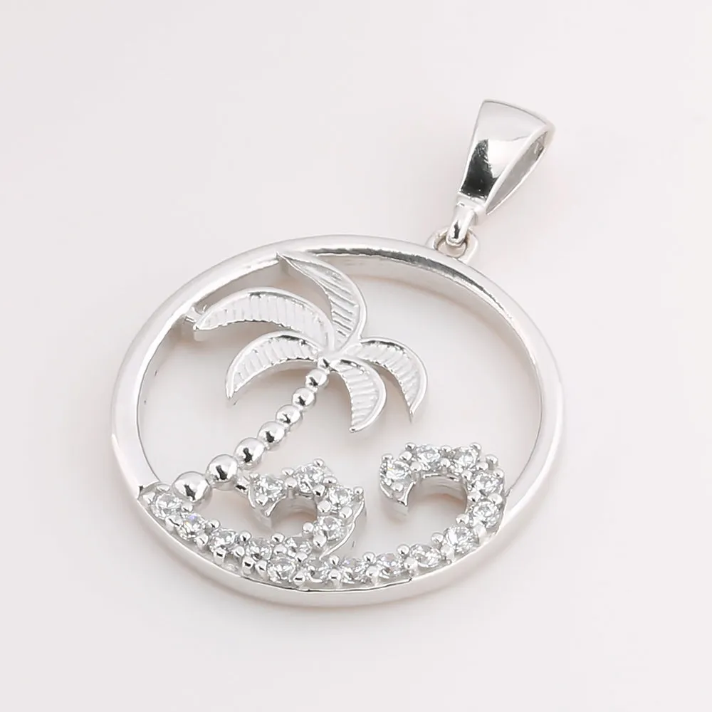 14K White Gold Island with CZ Wave in Circle Pendant (Chain Sold Separately)