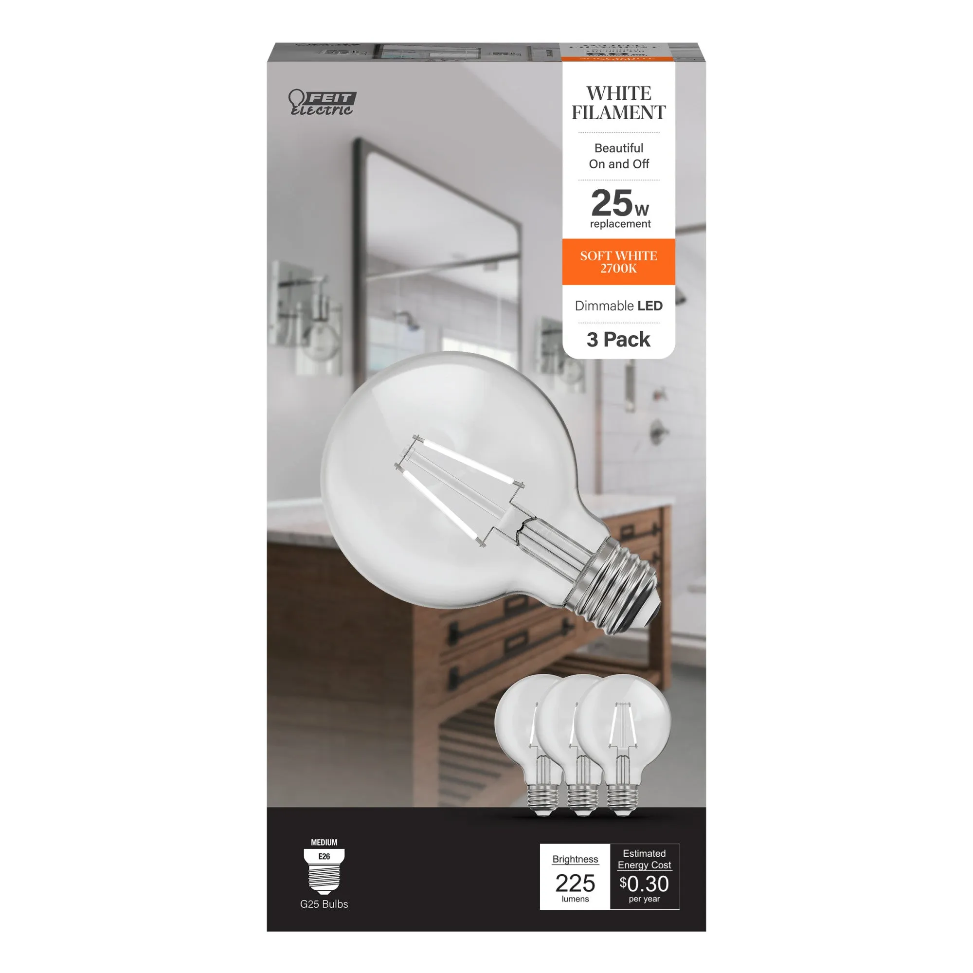 2.5W (25W Replacement) Soft White (2700K) Globe Shape (E26 Base) Exposed White Filament LED Bulb (3-Pack)