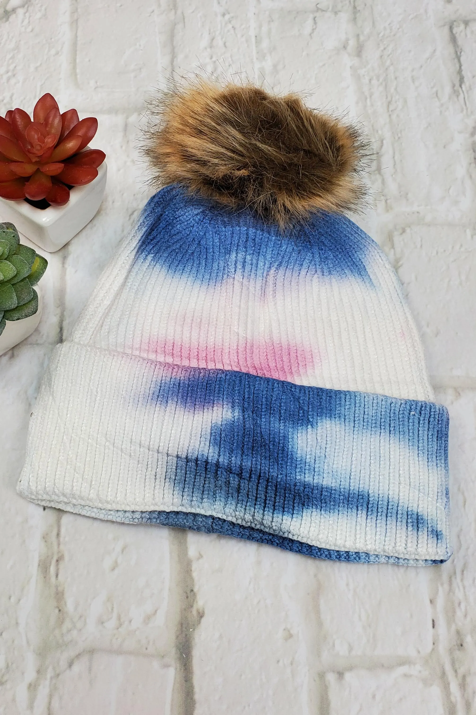 #34 Pink, Blue, Grey Tie-Dye Pom-Pom Beanie