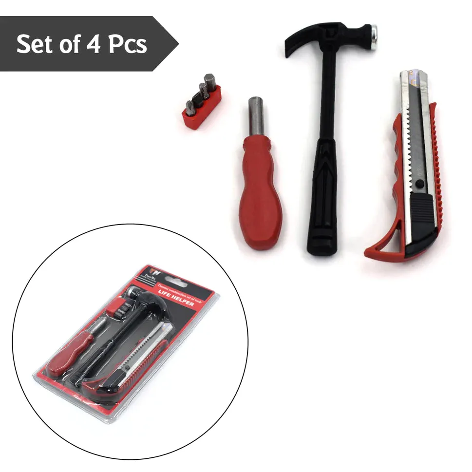 4pcs Helper Tool Set with Mini Plastic Hammer, 4 bits, Screw Driver & Cutter