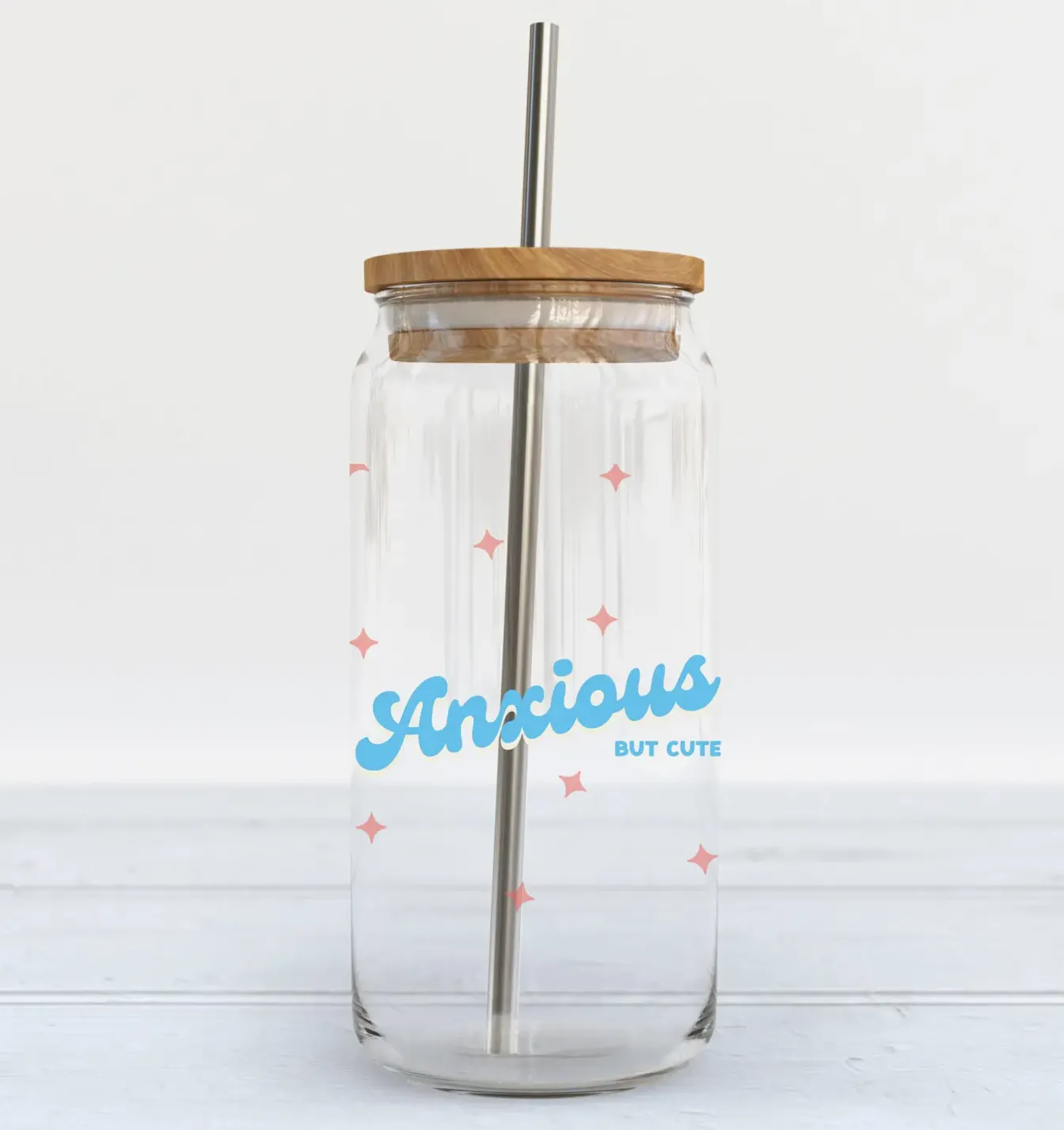 Anxious But Cute Glass Cup w/ Bamboo Lid & Straw