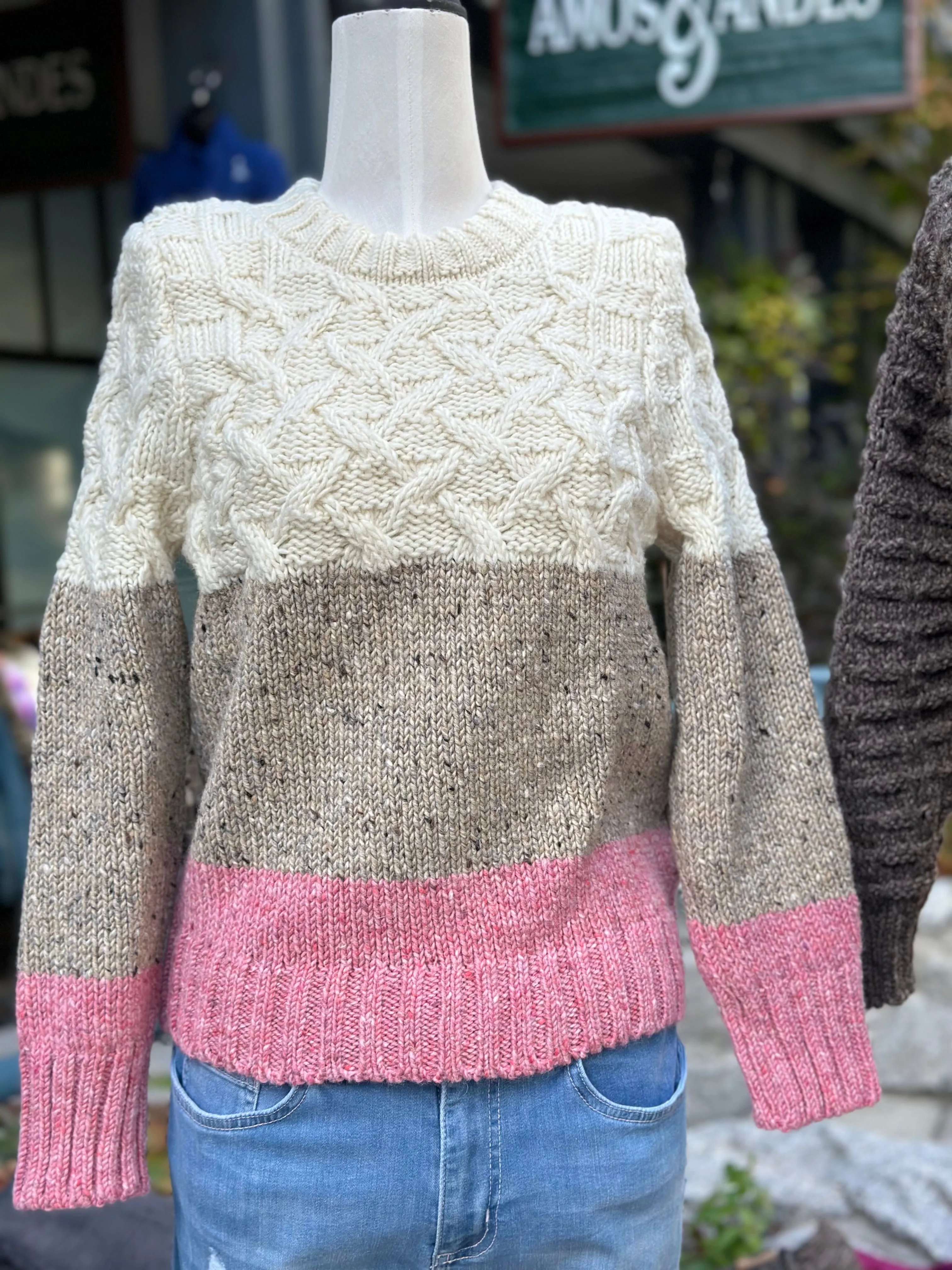 Aran - Tri Band Sweater - Ecru