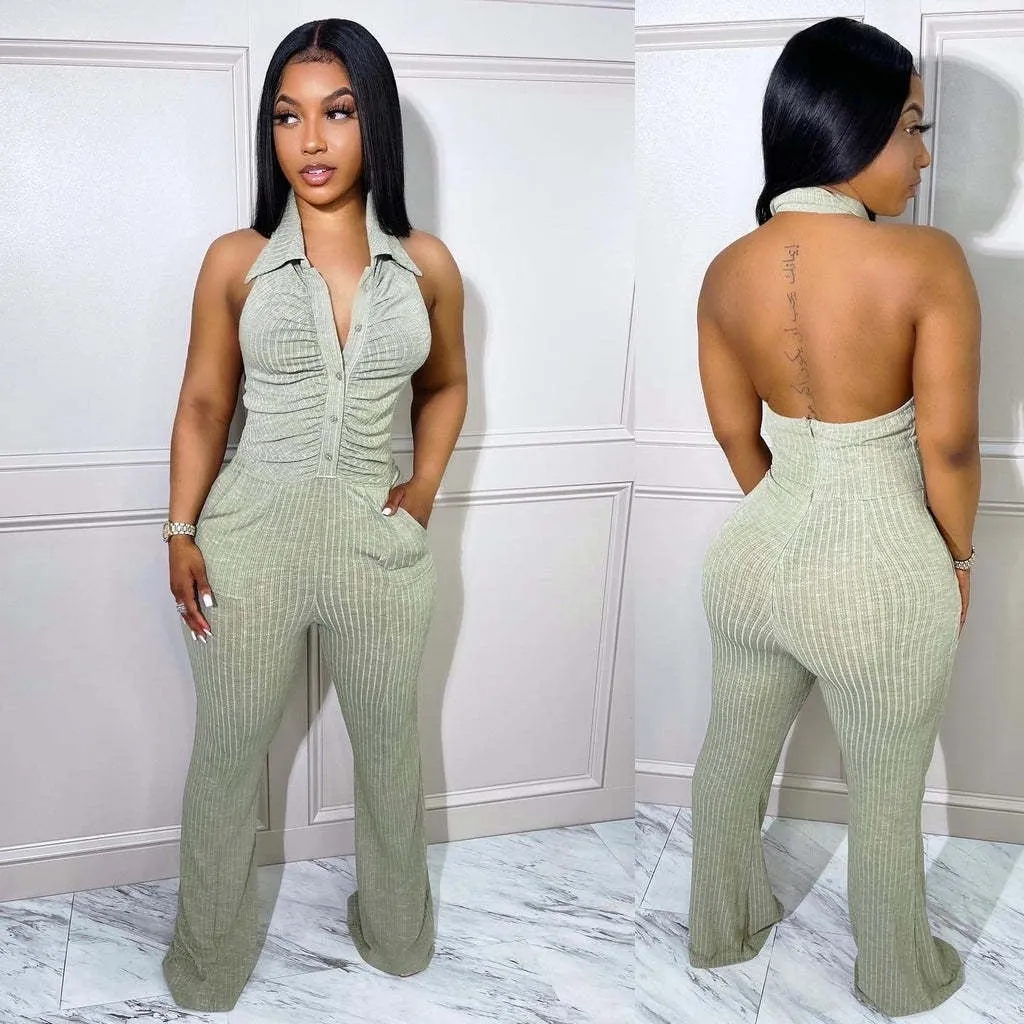 Backless Halter Strap Lapel Knit Jumpsuit