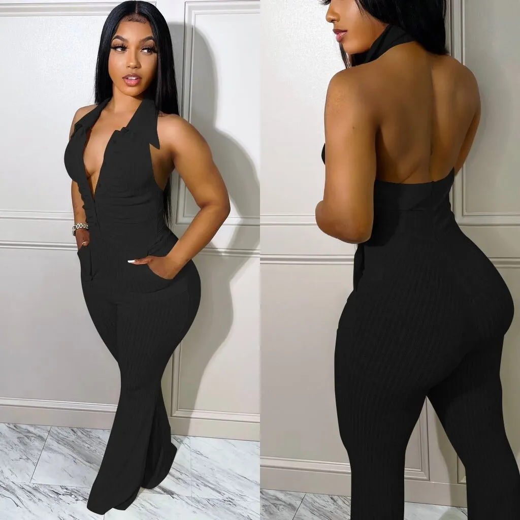 Backless Halter Strap Lapel Knit Jumpsuit