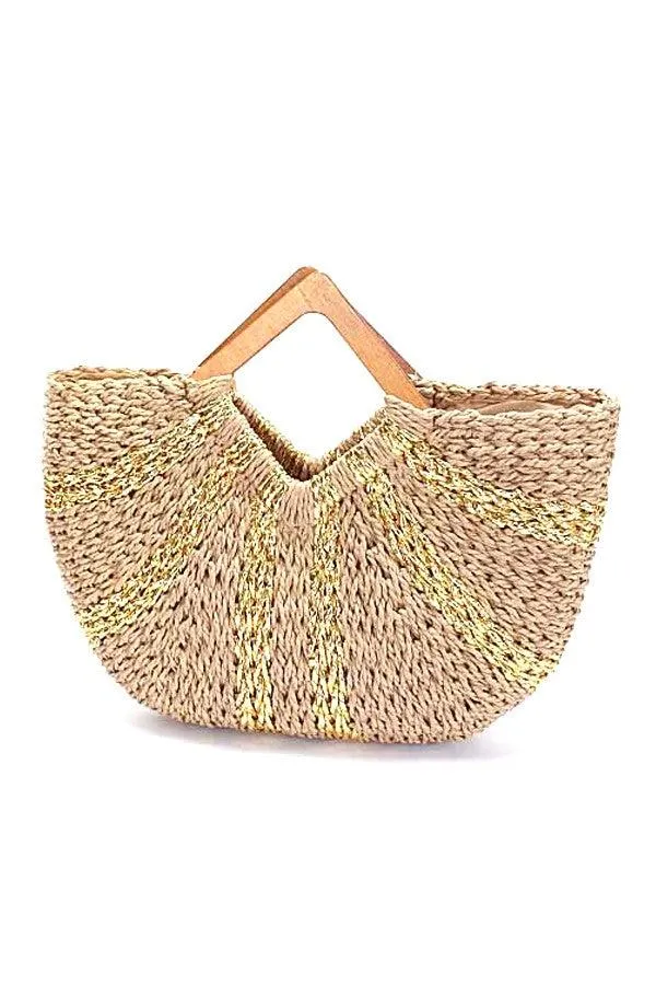 Beach Days Wooden Handle Metallic Straw Basket Tote