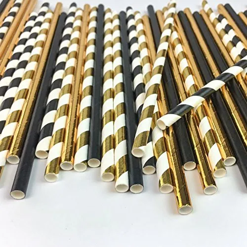 Biodegradable Stripe Straws Gold and Black Paper Drinking Straws for Party 100 Pcs 7.75 Inches for Adult and Kids by Youmewell