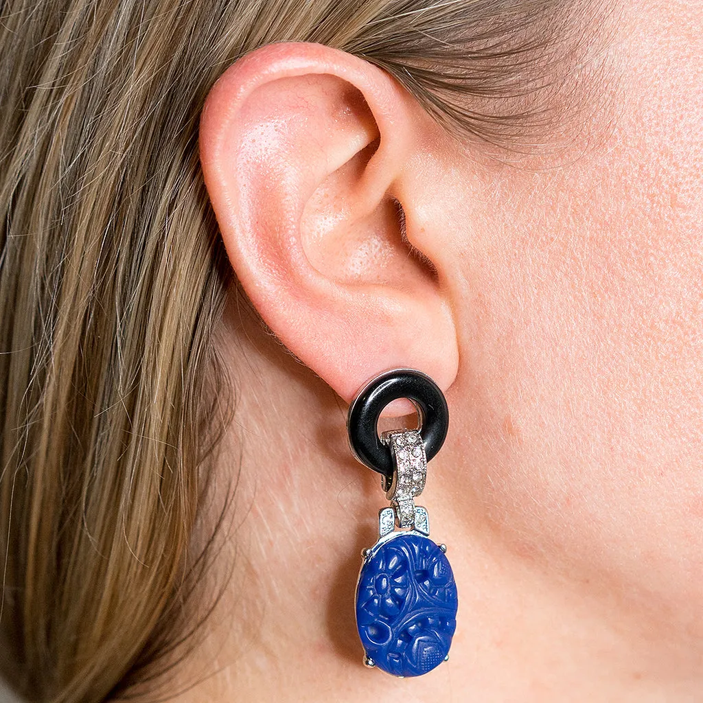 Black And Lapis Art Deco Pierced or Clip Earrings