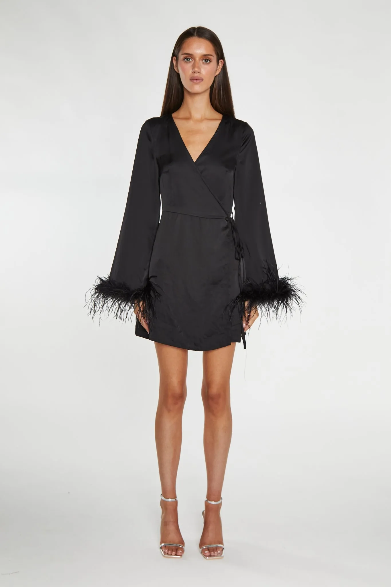 Black-Satin Feather Trim Wrap Mini-Dress