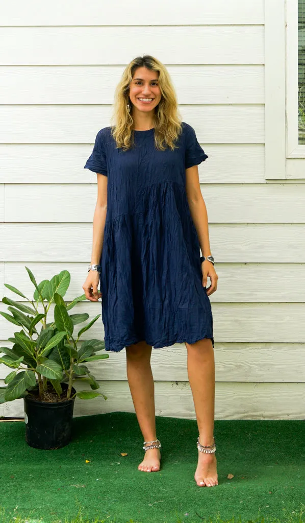 Blue Raw Natural Crinkled Cotton Midi Dress with Pocket