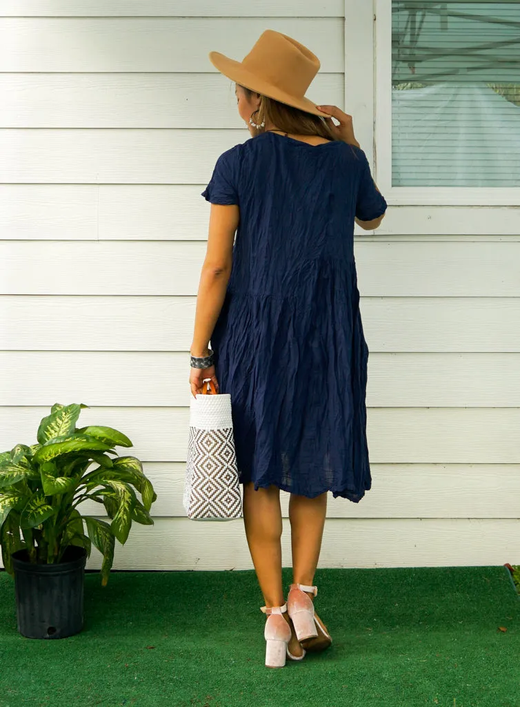 Blue Raw Natural Crinkled Cotton Midi Dress with Pocket