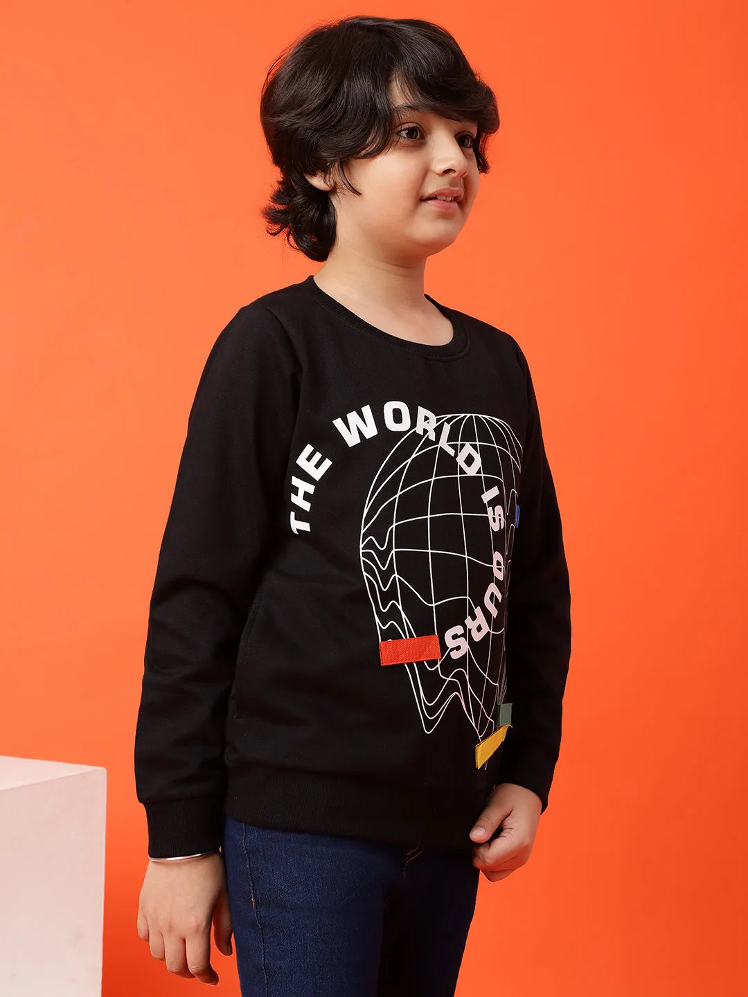 Boys Black Printed Cotton Poly Sweatshirt