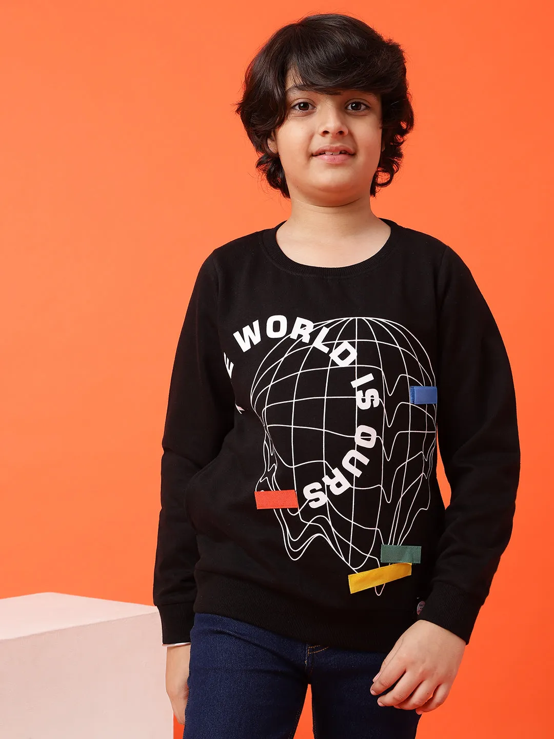 Boys Black Printed Cotton Poly Sweatshirt