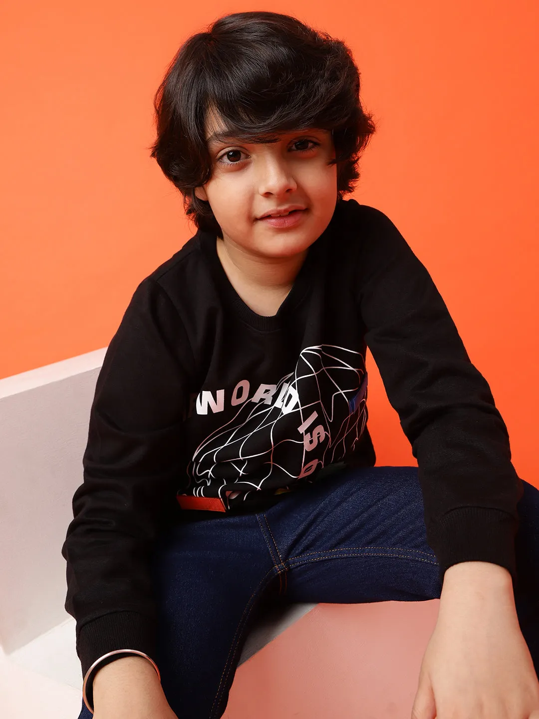 Boys Black Printed Cotton Poly Sweatshirt