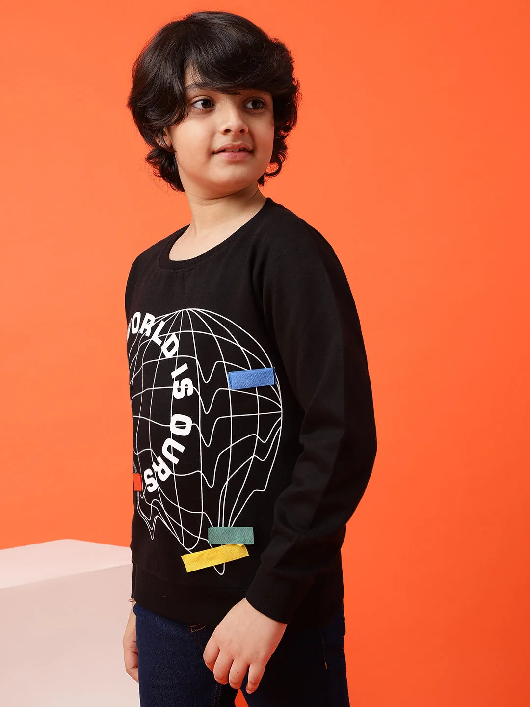 Boys Black Printed Cotton Poly Sweatshirt