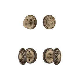 Classic Rosette Entry Set with Victorian Knob in Antique Brass