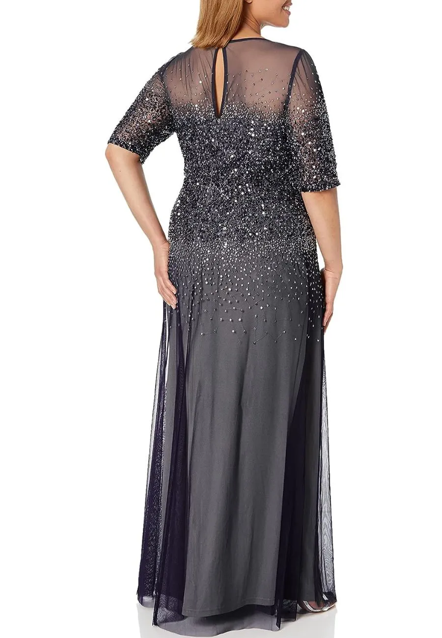 Dark Gray Beaded Mesh Gown