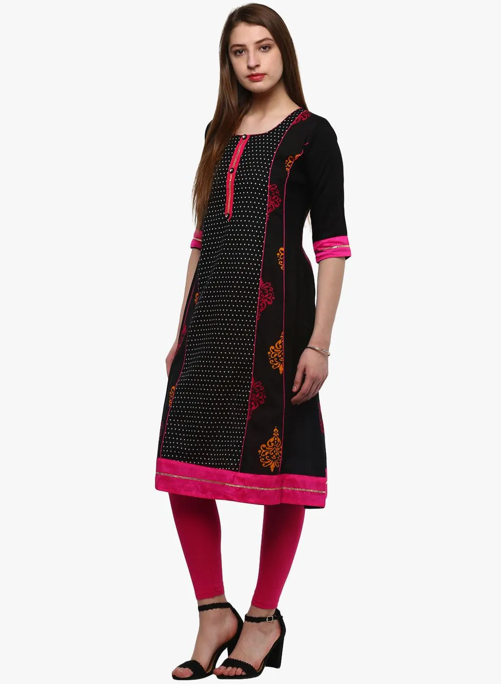 Divena Black Printed A-Line Rayon And Cotton Kurta