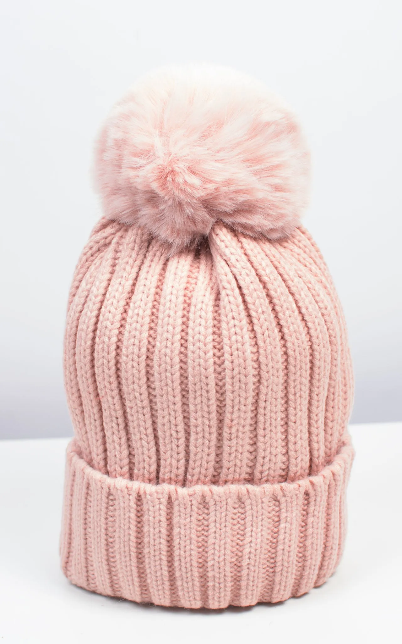 Faux Fur Pom Pom Rib Hat | Pink