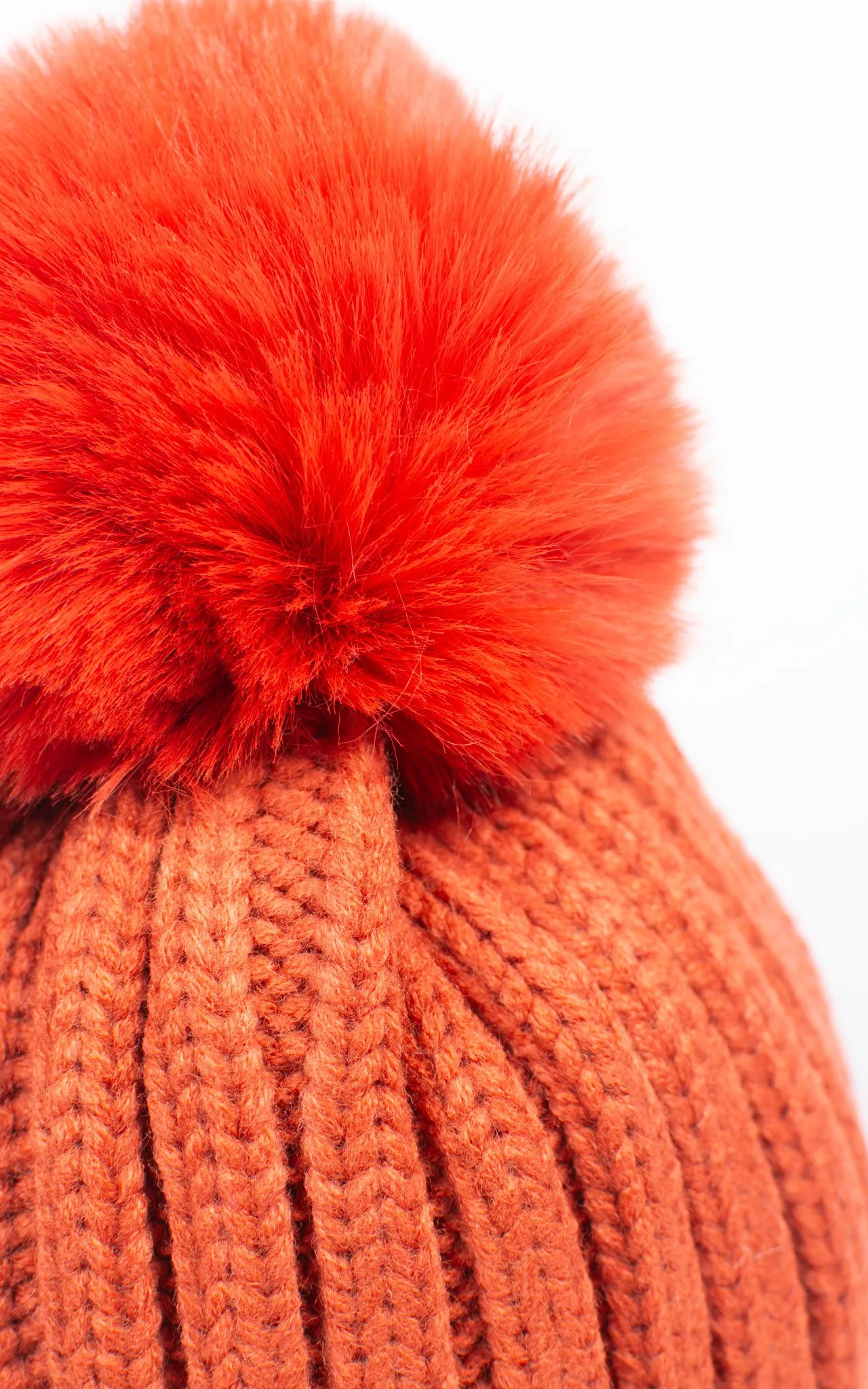 Faux Fur Pom Pom Rib Hat | Rust