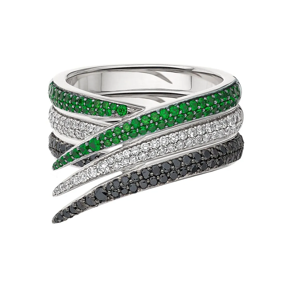 Interlocking Stacked Ring - 18ct White Gold & Black, White Diamond and Tsavorite