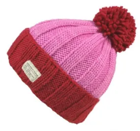 Kusan - Moss Yarn Turn Up Bobble Hat - Red Pink