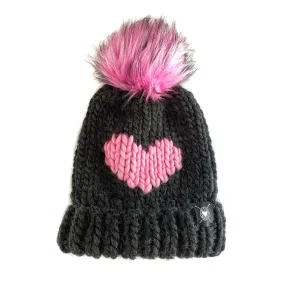 Luxury Big Heart Pom-Pom Beanie in Almost Black   Cotton Candy