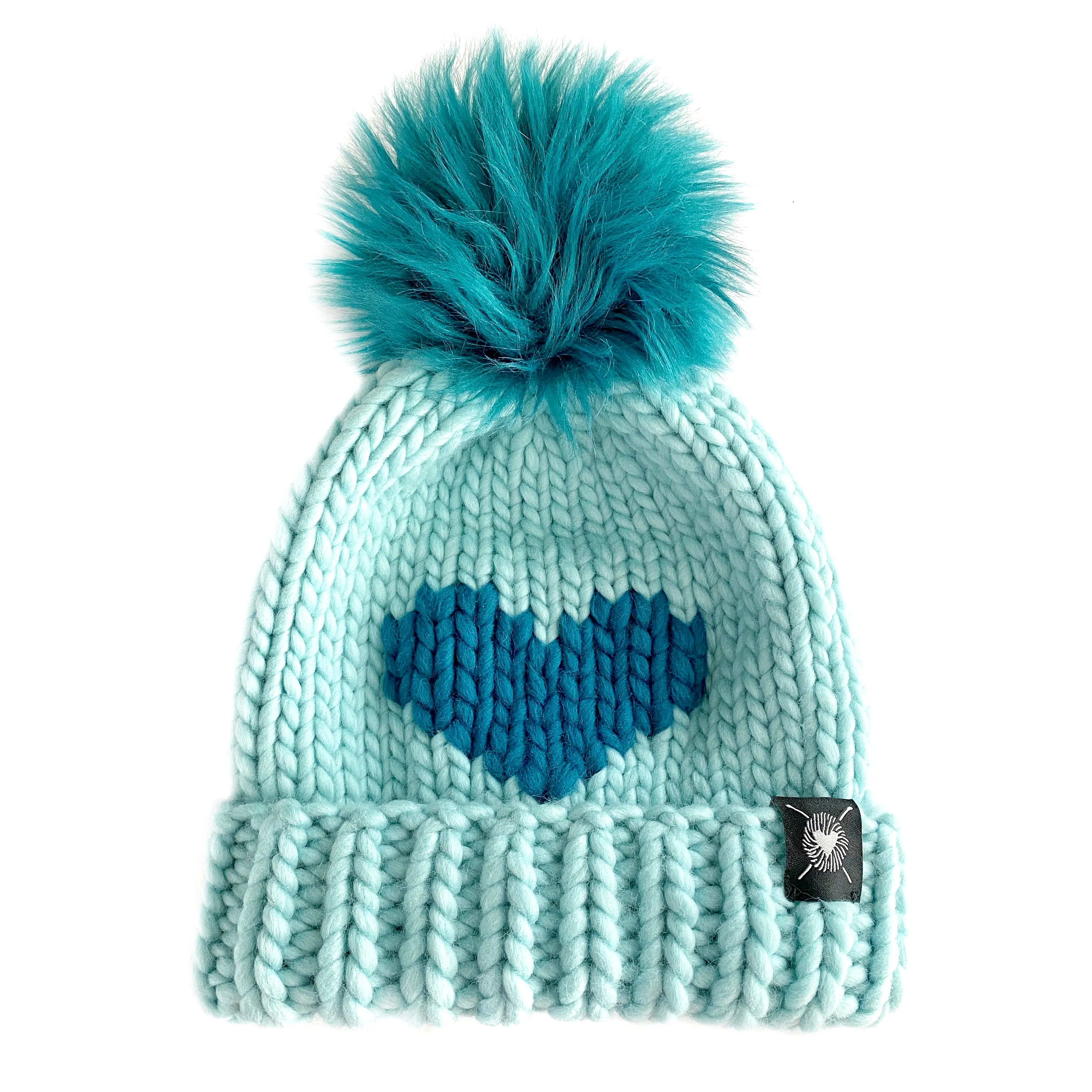 Luxury Big Heart Pom-Pom Beanie in Sea Glass   Teal