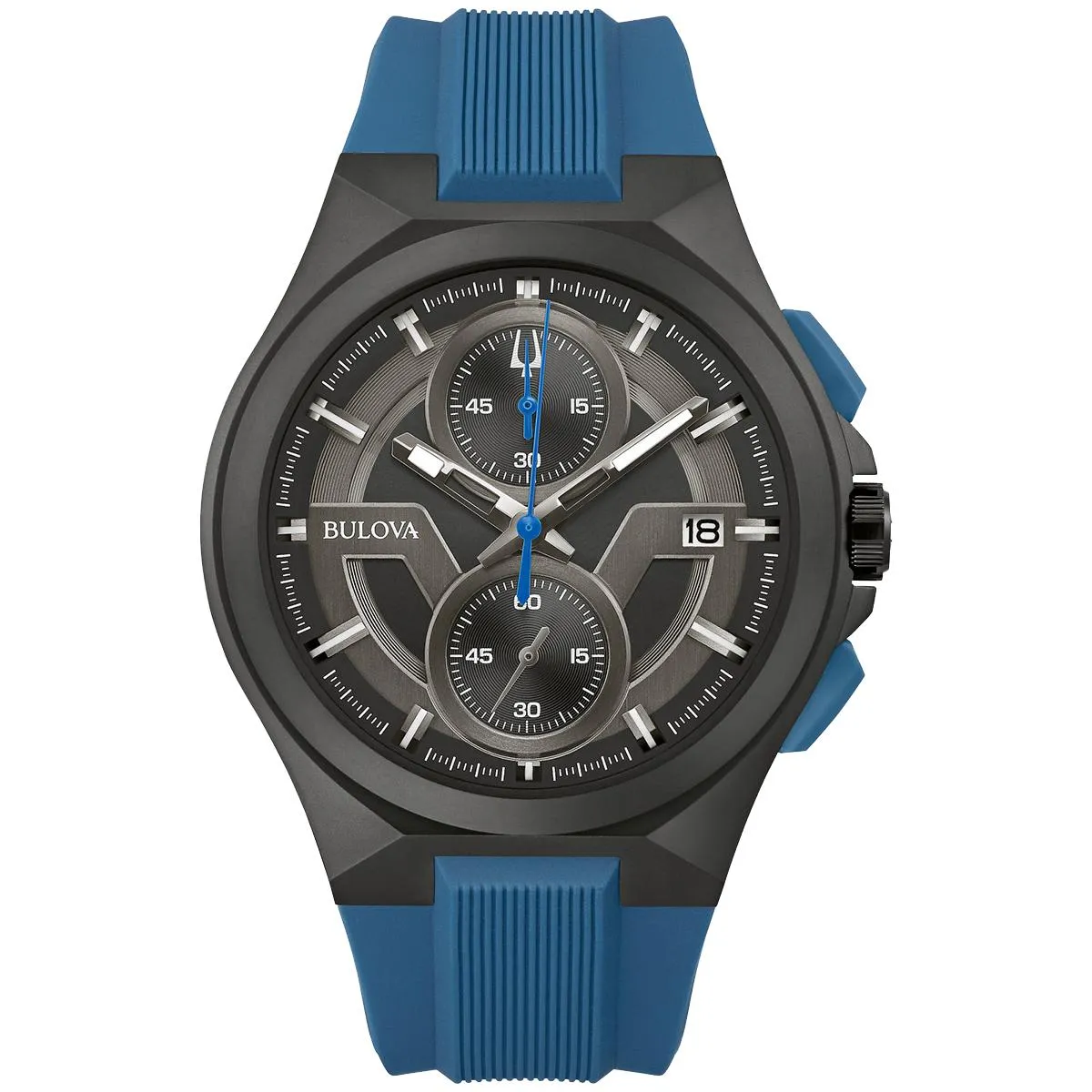 MEN'S BLACK PLATED STEEL BULOVA MAQUINA WATCH WITH BLUE STRAP