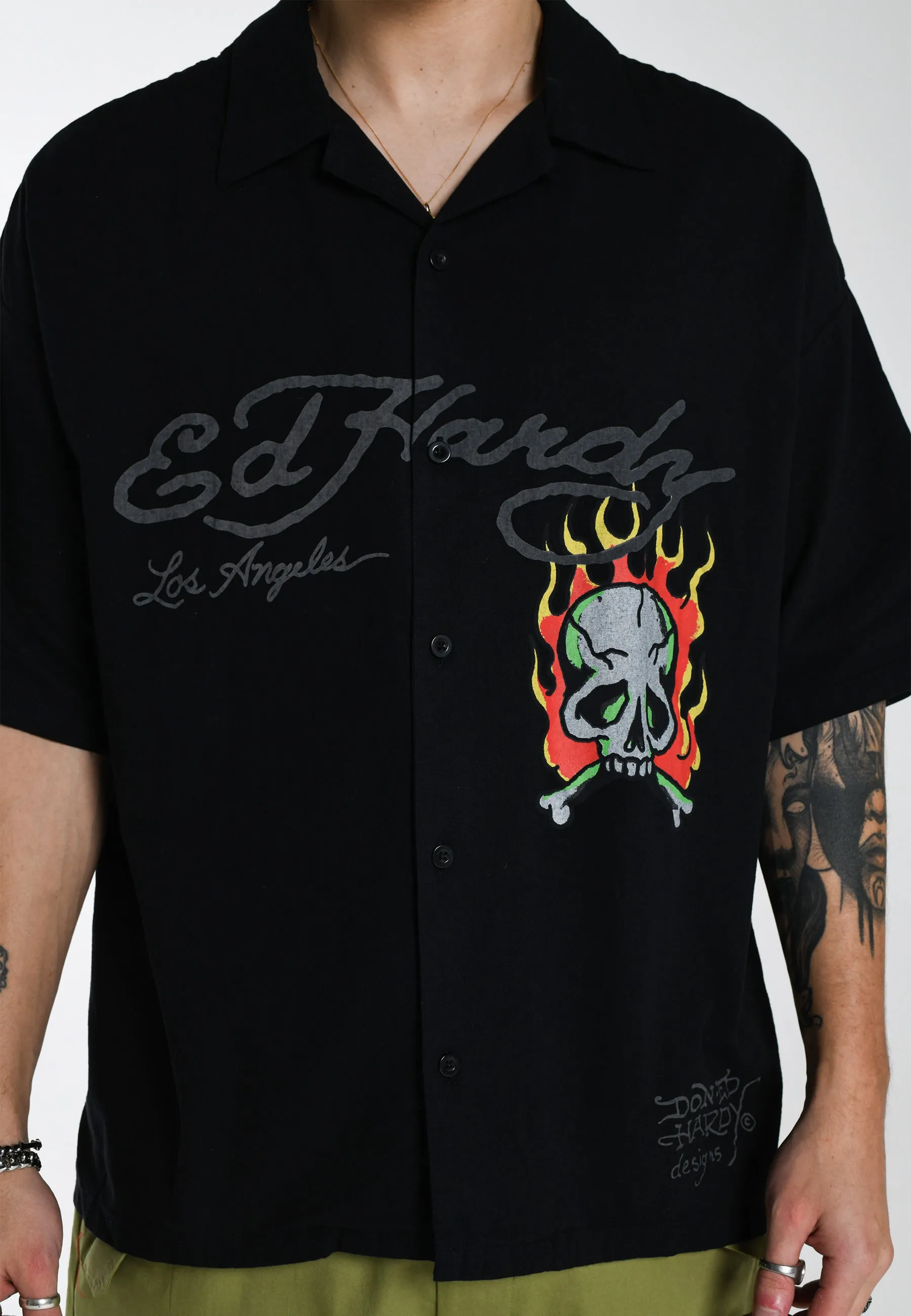 Mens Skull-Flames Camp Shirt - Black