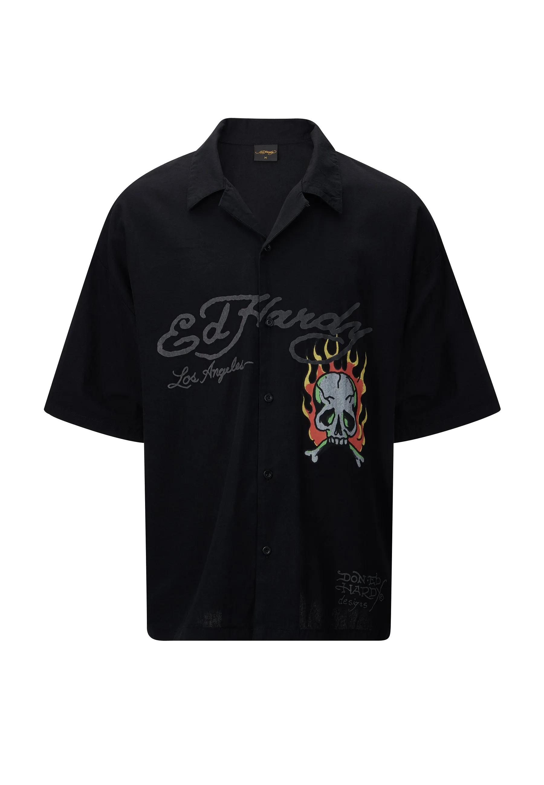 Mens Skull-Flames Camp Shirt - Black