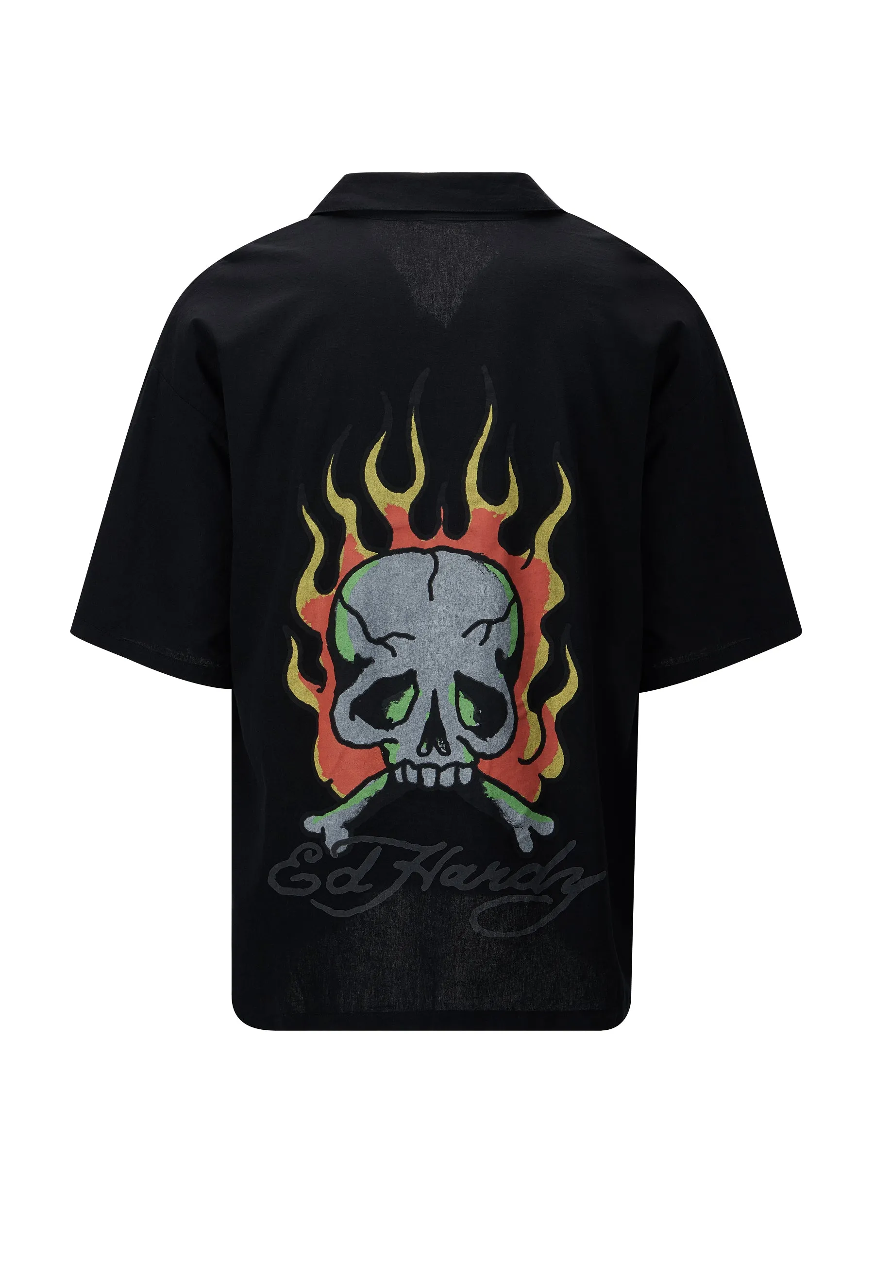 Mens Skull-Flames Camp Shirt - Black