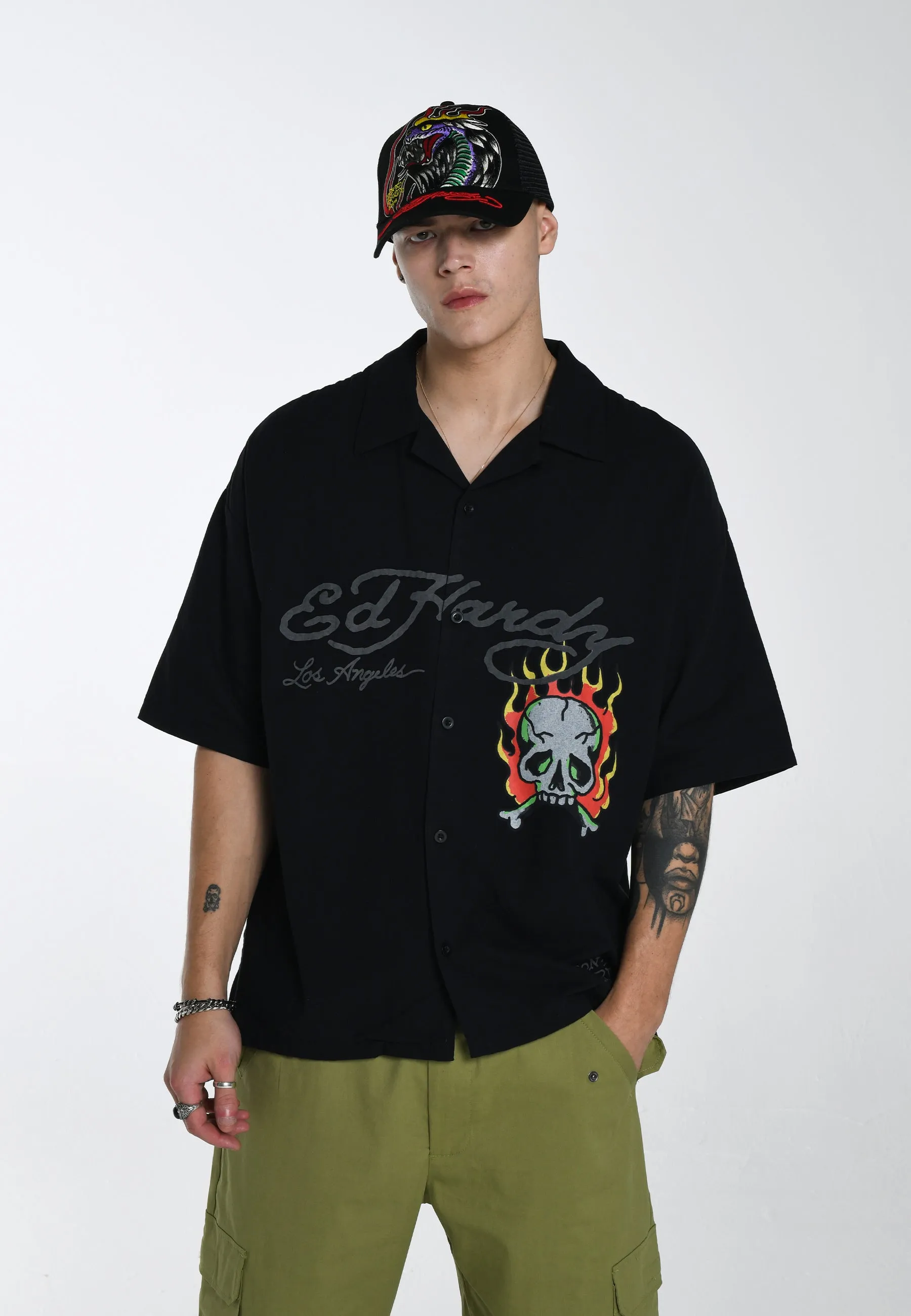 Mens Skull-Flames Camp Shirt - Black