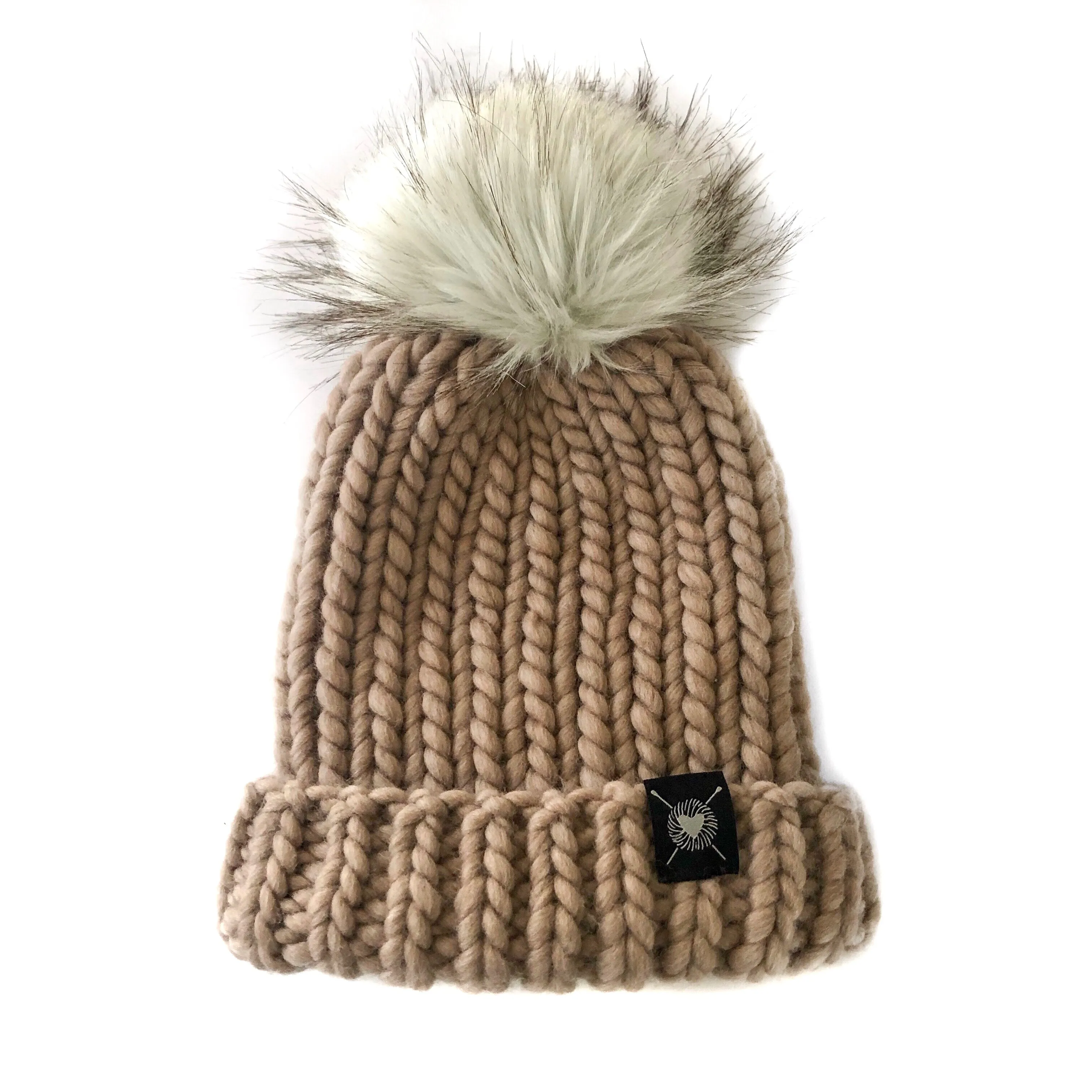 Merino Folded Brim Faux Fur Pom-Pom Beanie in Greige   Ibex