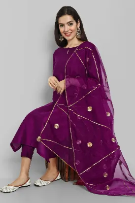 Purple Wine Cotton silk Boat Neck Kurta