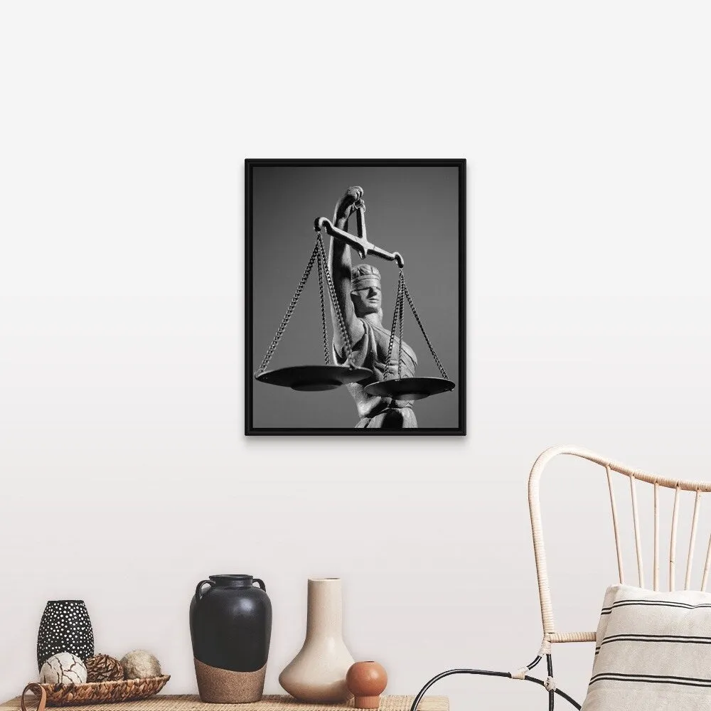 "1970's Statue Of Blind Justice Holding Scales" Black Float Frame Canvas Art