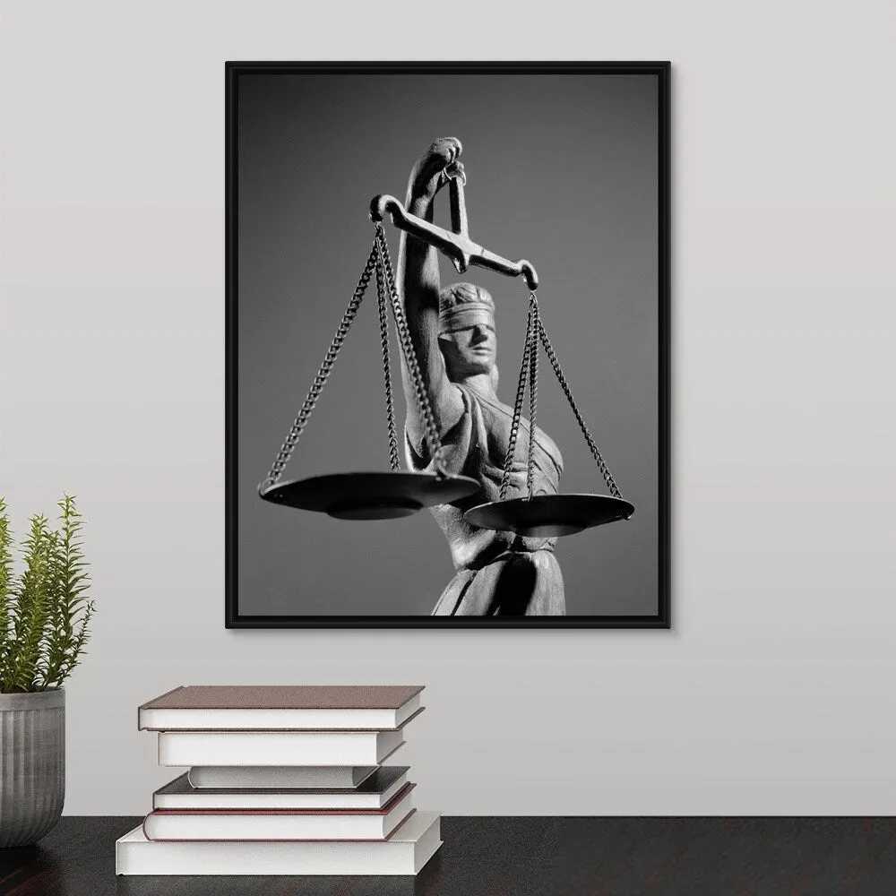 "1970's Statue Of Blind Justice Holding Scales" Black Float Frame Canvas Art