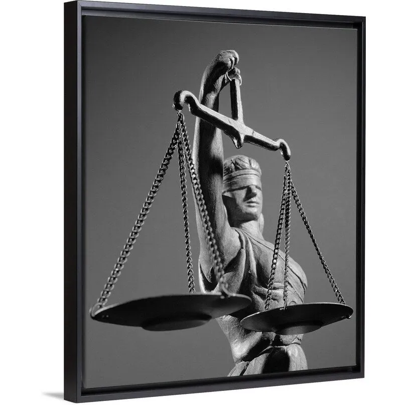 "1970's Statue Of Blind Justice Holding Scales" Black Float Frame Canvas Art