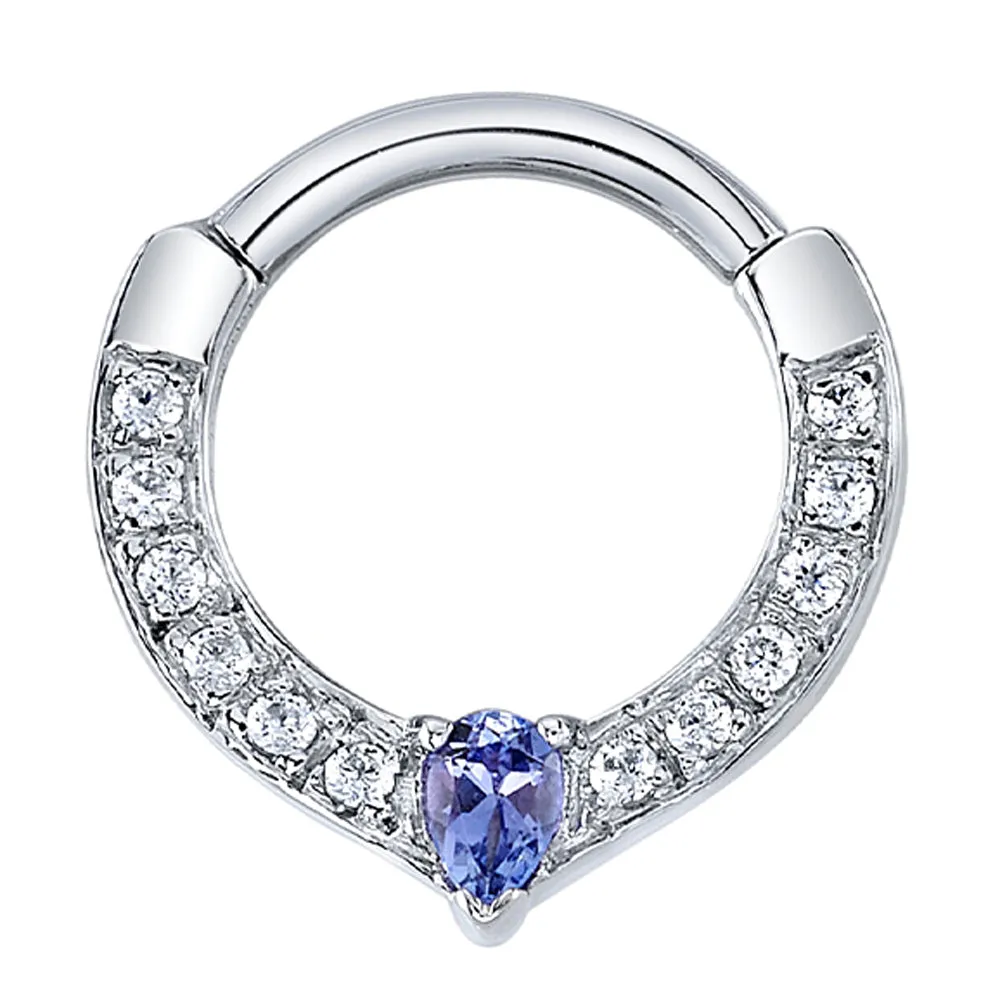 "Cherish Pear" Hinge Ring in Gold with White CZ & Tanzanite