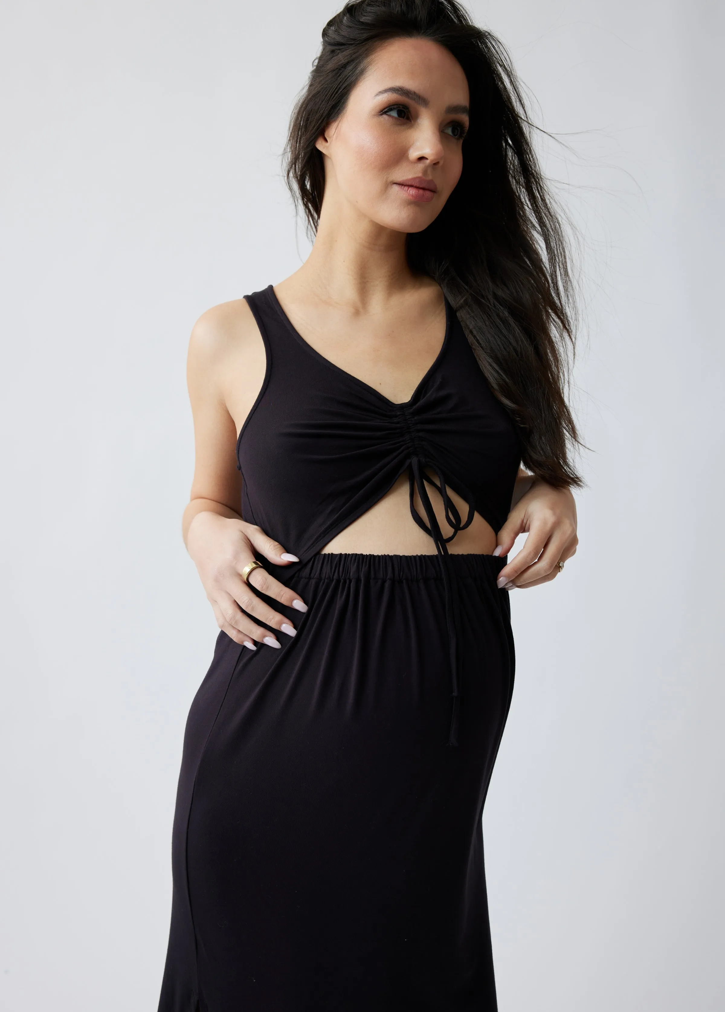 Sleeveless Peekaboo Midi Maternity Dress