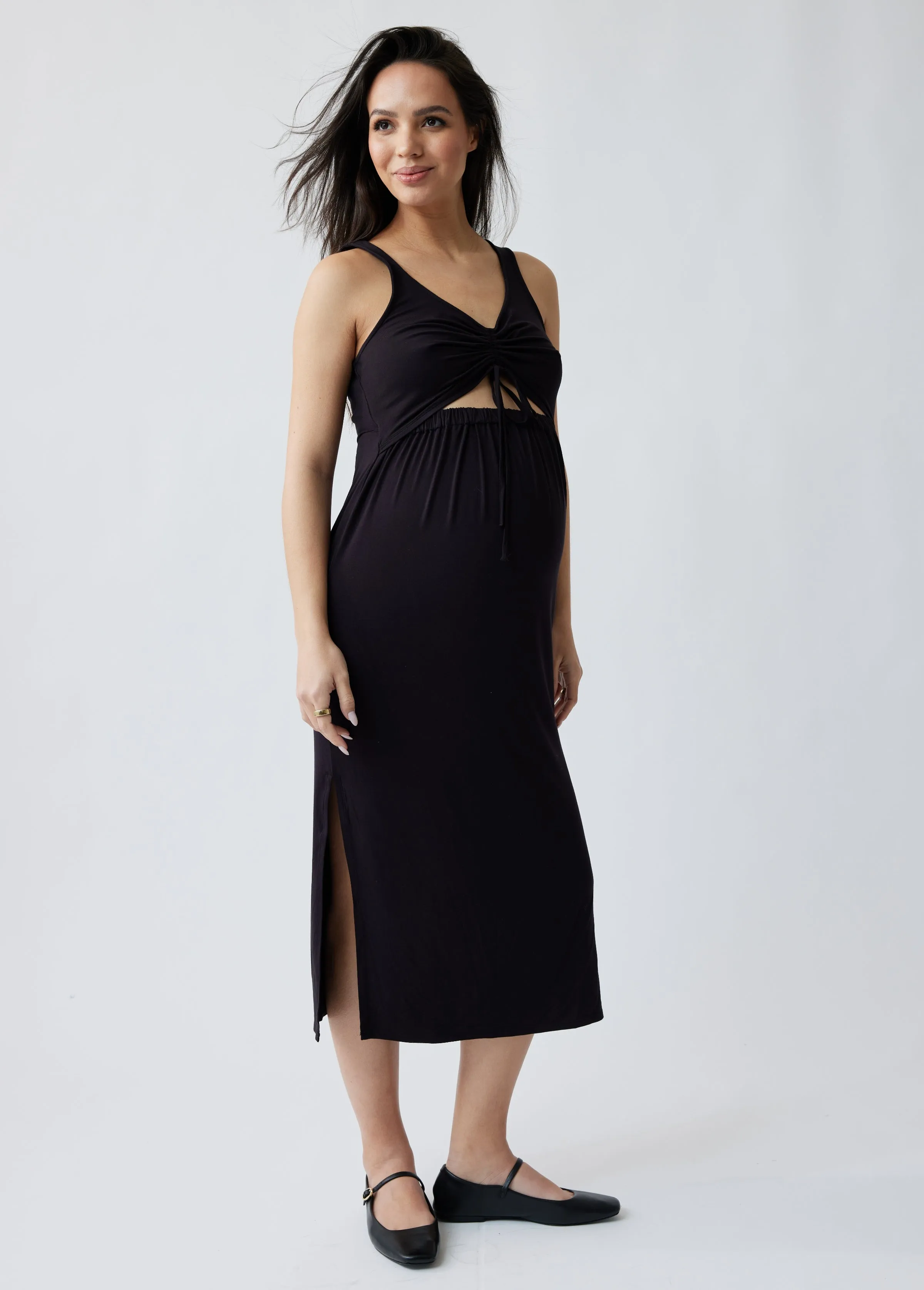 Sleeveless Peekaboo Midi Maternity Dress