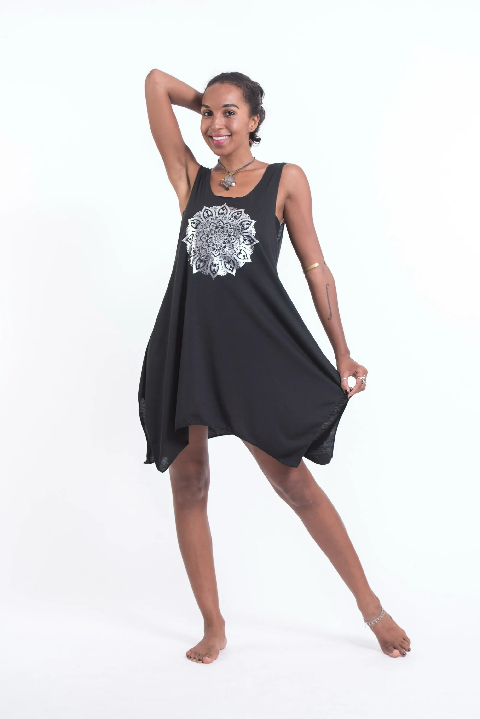 Super Soft Cotton Mandala Tank Dress Silver on Black