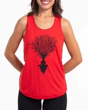 Super Soft Cotton Womens Meditation Tree Tank Top in Red