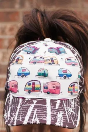 Vintage Camper Trees Messy Bun Ponytail Hat