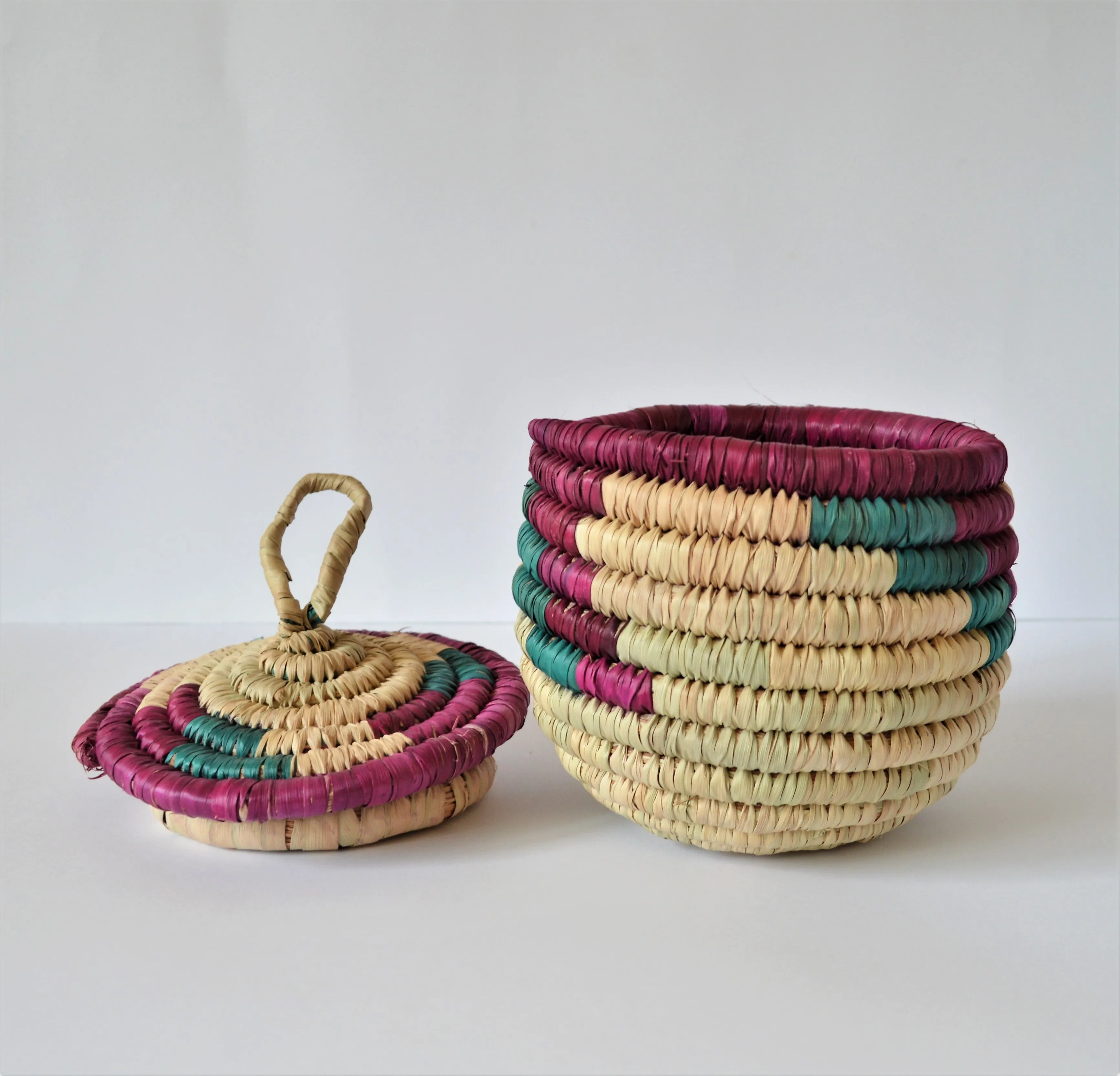 Vintage coiled basket with lid, Rustic, Bohemian